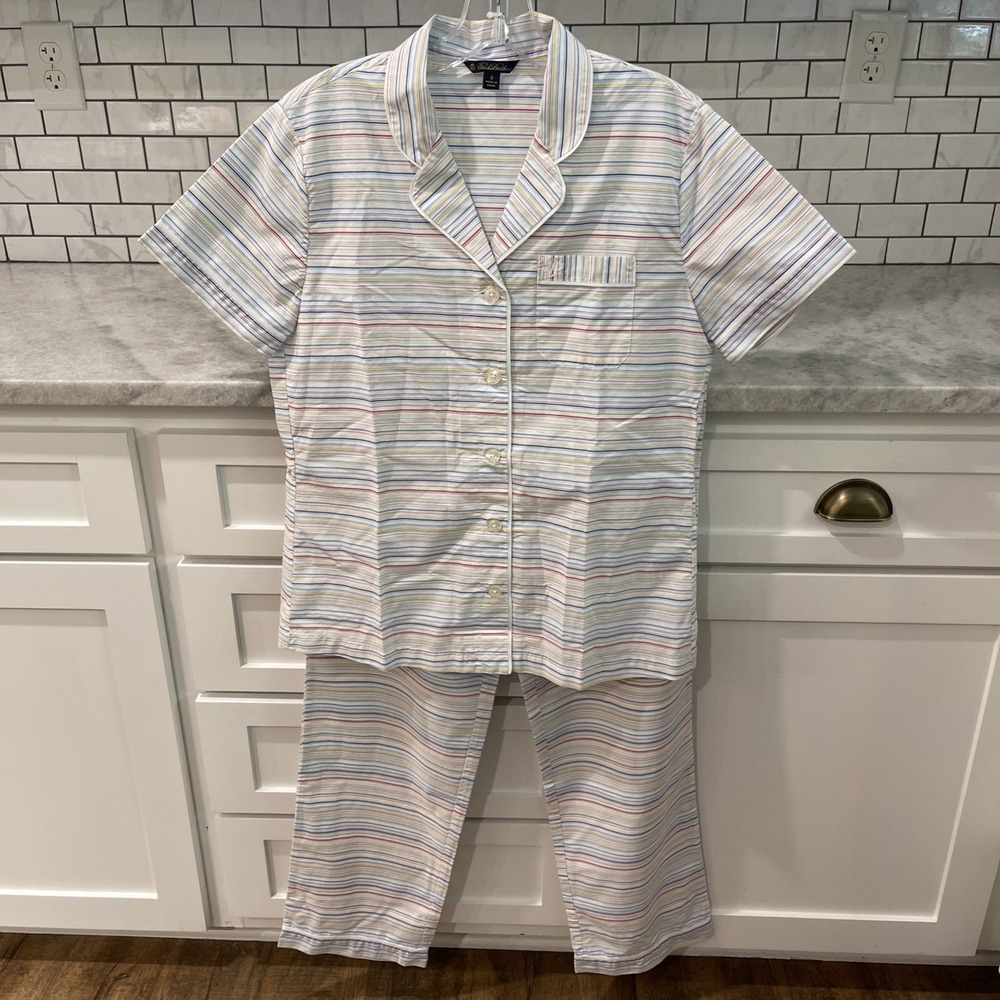 Brooks Brothers Pajama Set Womens Small Blue Striped Pants Top Cotton